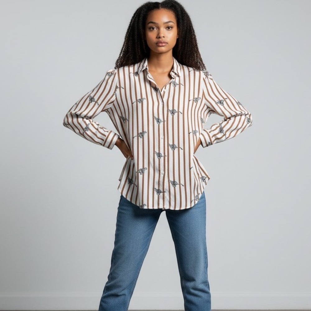 ASOS Womens Brown White Striped Cheetah Print Sheer Button Down Blouse US 12